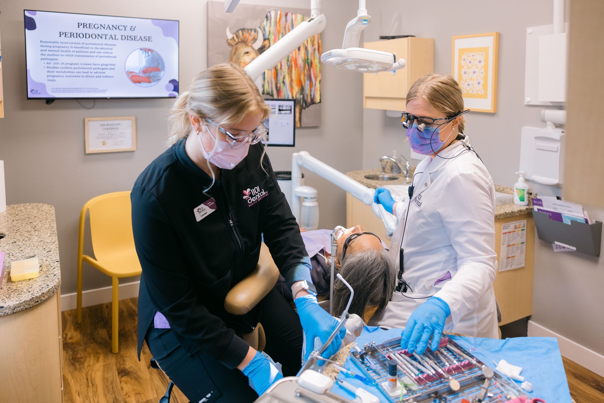 Two dental professionals working together during patient care in a well-organized dental practice